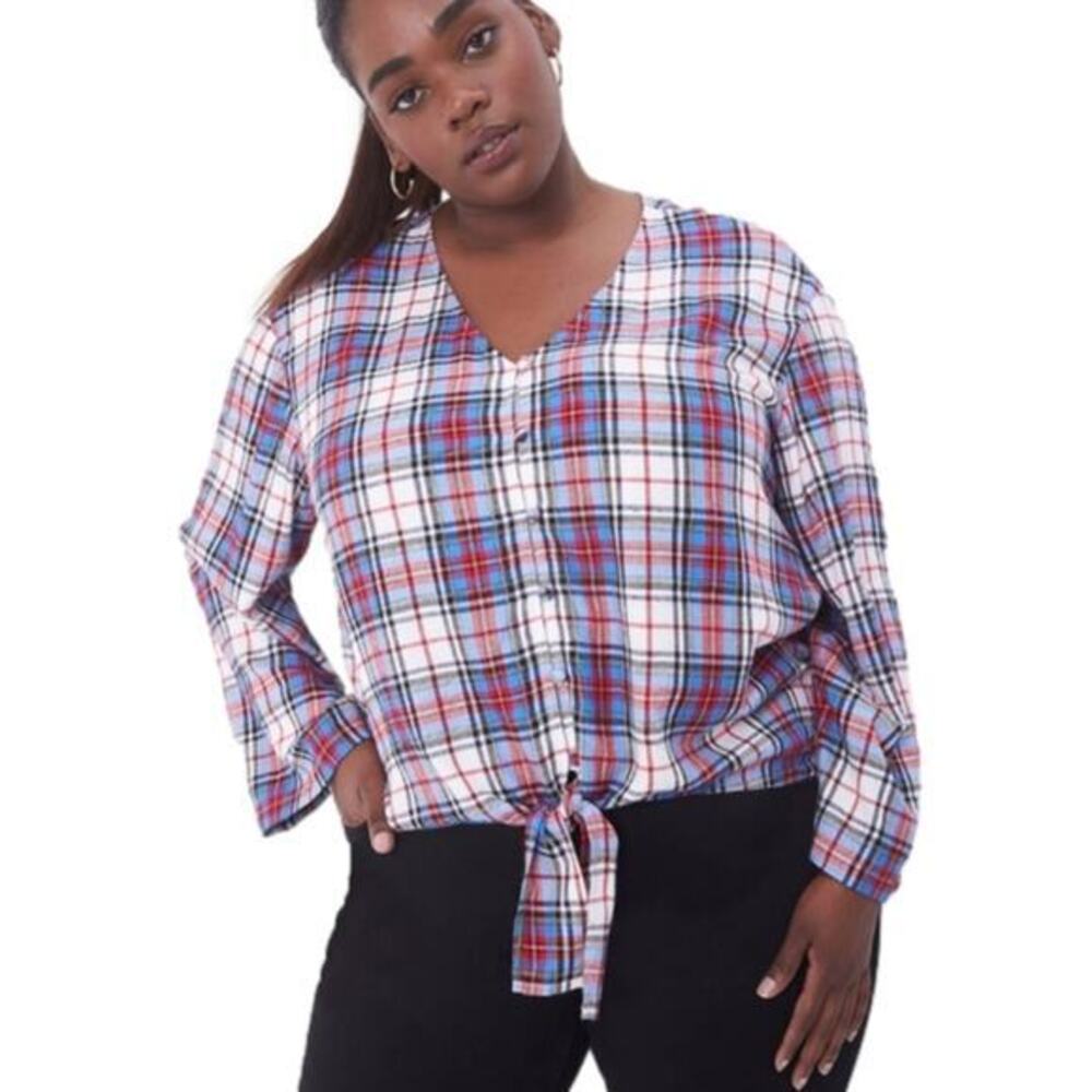 Lane Bryant Red White‎ Blue Plaid Button Front Tie Hem Rayon Blouse Plus Size 22